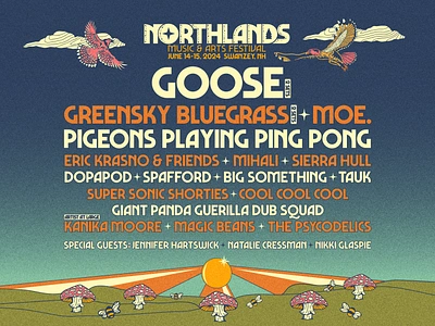 Northlands Music Festival Lineup Marquee bird bluegrass branding cloud concert eagle goose gradient graphic design hawk illustration logo mushroom music festival new hampshire rock band rock poster star sun vintage