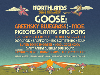 Northlands Music Festival Lineup Marquee bird bluegrass branding cloud concert eagle goose gradient graphic design hawk illustration logo mushroom music festival new hampshire rock band rock poster star sun vintage