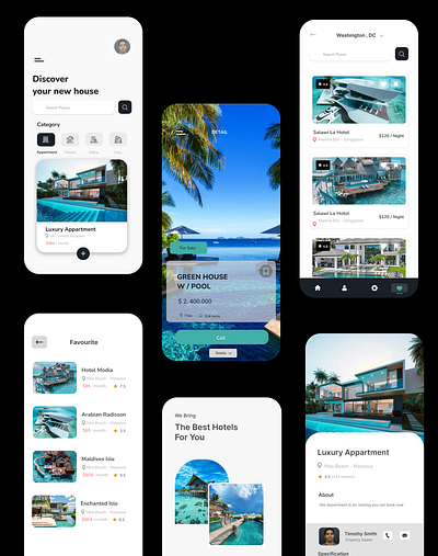 Hotel & Resort Booking Mobile App(Dark Version) design typography ui ux vector