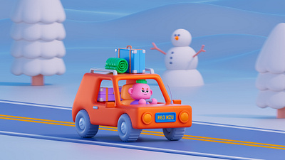 Vacation 3d c4d car cinema 4d cute driving luggage octane snow snowman winter