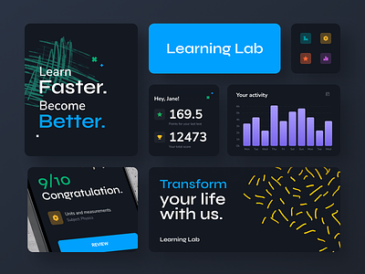 Learning Lab - Education app, Branding app banners branding cards design education graphic design logo product statistic ui ux