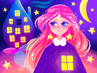 2/365 Home forever in my heart. Character Illustration concept female home house leaves moon pink star violet