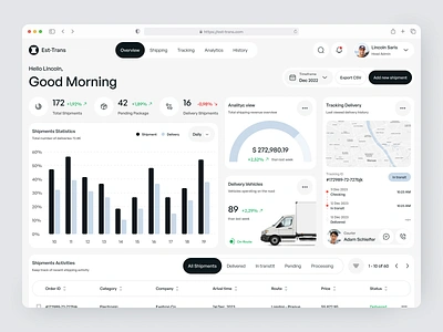 Shipment Logistic Dashboard App app car chart clean dashboard delivery design fireart ship truck ui ux