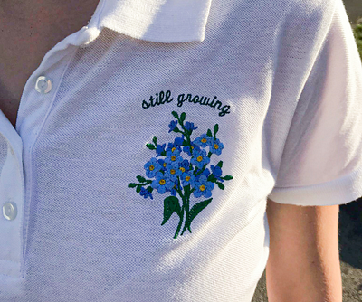 Still growing cute design embroider flowers growing polo shirt t shirt