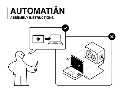 Blog illustration - How to build an automation character ikea illustration infographic installation guide instruction isometric lap top machine minimalistic silly