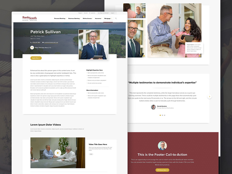 BankSouth - Website Redesign, Team detail page concept bank burgundy carousel clean concept modern mortgage overlap people simple sophisticated testimonial texture ui ux video web design website