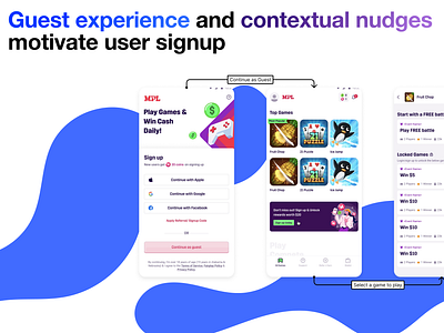 Guest experience and contextual nudges to motivate signups contextual nudges free gameplay freemium gaming guest experience hooks mobile new user new user strategies pay to play product design real money gaming signup experience trial experience trigger ui user flow user journey ux
