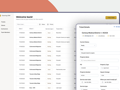 Dashboard Design: Ticketing system cleaning company clients contractor crm dashboard ticket details ticketing