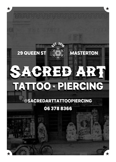 Sacred Art Tattoo x State Theatre adobe illustrator black and white branding edgy graphic design historical kernclub new zealand overlay poster punk rock studio tattoo typography vintage