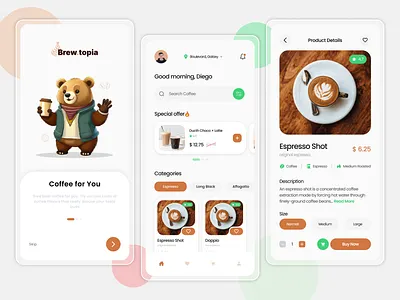 Brew.topia - Online Coffee Shop App app application beverage coffee design food food order illustration mobile mobile app mobile application online shop order order online shop ui uiux ux