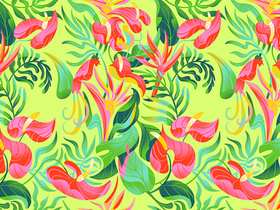 Tropical Pattern on lime anthurium botanical pattern floral illustration jordan kay jungle limited color palm fronds palm trees pattern summer surface design surface pattern textile design texture tropical tropical bird