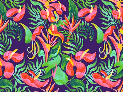 Tropical Pattern on purple bird bird of paradise botanical pattern bright drawing flowers illustration jordan kay jungle limited color noise palm pattern pattern illustration summer surface design surface illustration textile design texture tropical