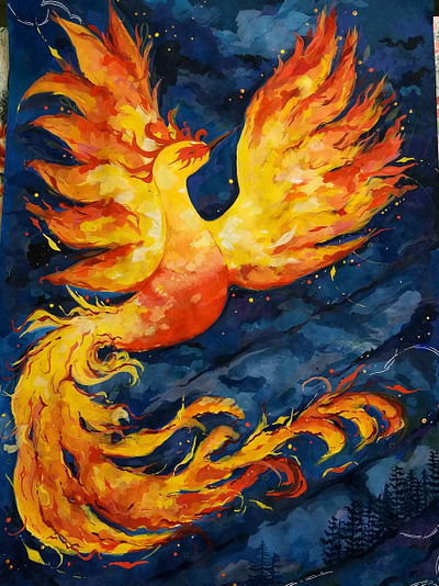 Phoenix art gouache illustration painting traditional art