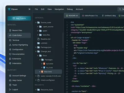Elipsee - Code Editor Dashboard app design code code tools dark dashboard desktop desktop dark app develop app editor platform saas snippet sourcecode tech text editor ui uidesign