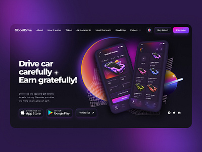 Retrowave Crypto Neon Landing Page App Interface app blockchain branding cars crypto crypto design cryptocurrency design digitalrewards gamification illustration interface logo mobileapp safe driving tokens ui vibrant