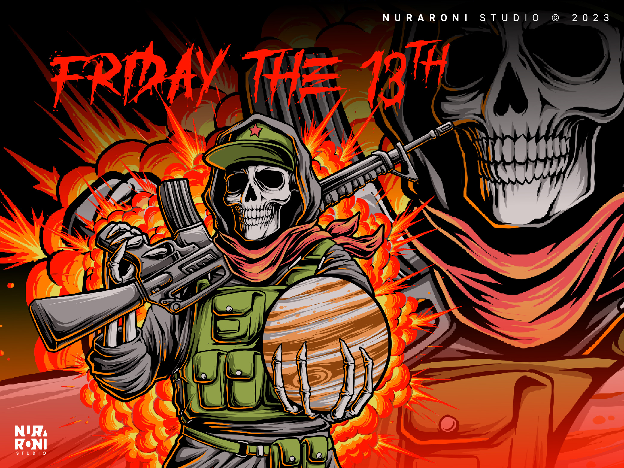 🎶🔥 Unleashing Debut Singles with a Friday the 13th 🔫🌑 army bomb cartoon character clothing design fire friday the 13th horror illustration jupiter m16 rifle merch merchandise design saturn scary skeleton skull soldier spooky tshirt design