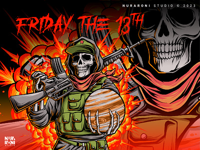 🎶🔥 Unleashing Debut Singles with a Friday the 13th 🔫🌑 army bomb cartoon character clothing design fire friday the 13th horror illustration jupiter m16 rifle merch merchandise design saturn scary skeleton skull soldier spooky tshirt design