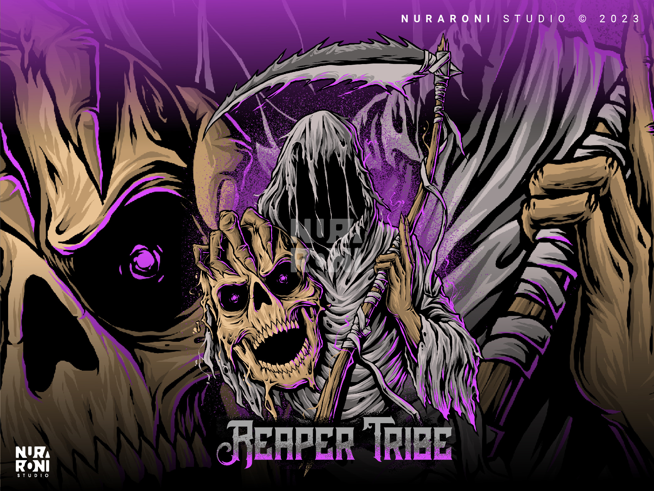 🔥💀 Unleashes the Reaper Tribe 💀⚔️ art cartoon character clothing design dark art dead detailed illustration illustration logo merch design mummy nuraroni reaper scary scythe skeleton skull spooky undead web design