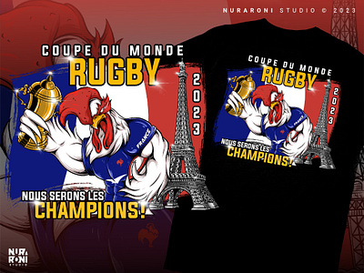 Rooster Glory: The Rugby Champion of France! 🏆🇫🇷🏉🐓 apparel apparel design cartoon champion character chicken clothing clothing design eiffel eiffel tower france illustration logo mascot merch design merchandise rooster rugby trophy vector