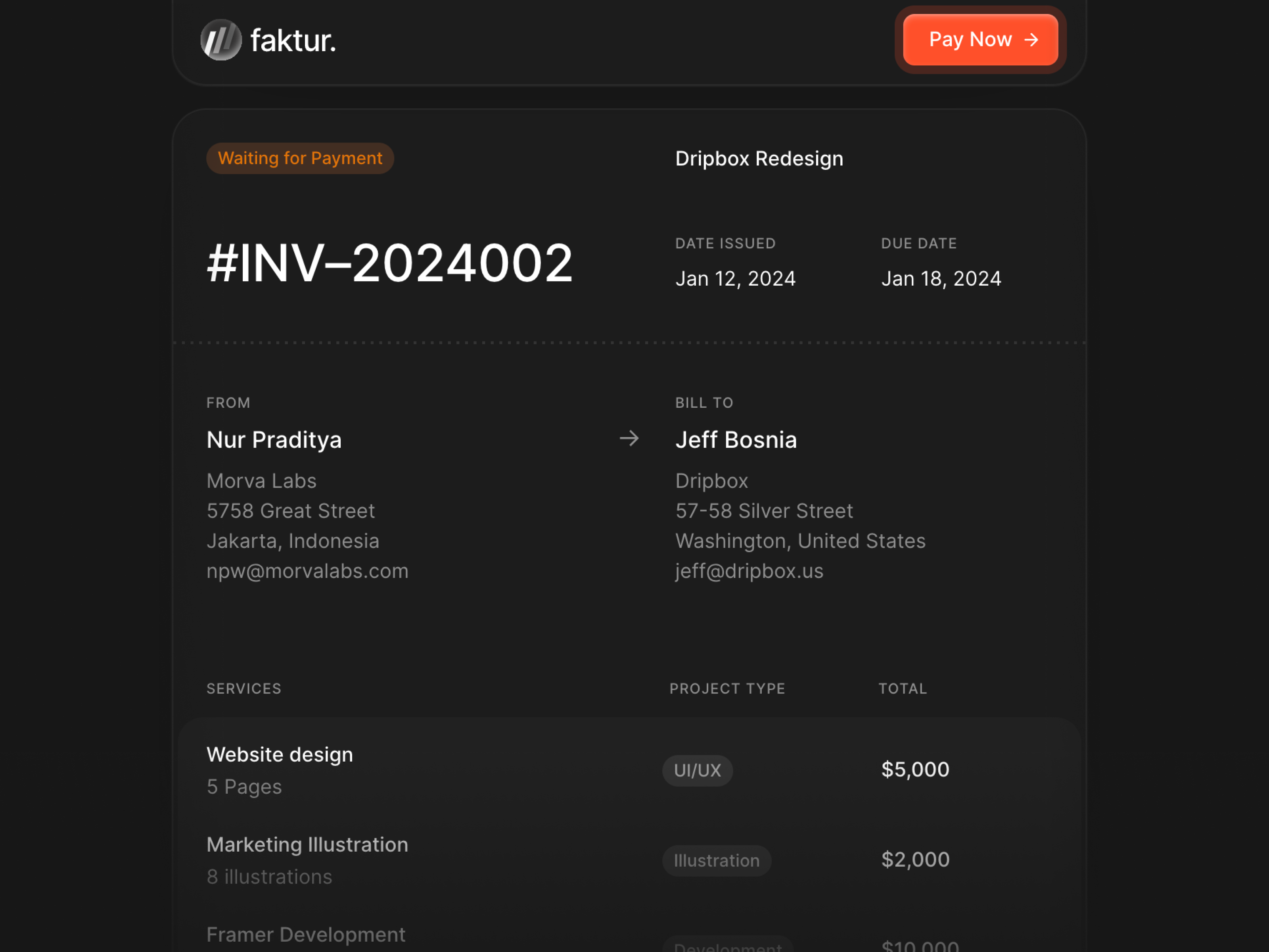 Faktur - Invoice Manager Framer Template app clean client dark mode dashboard design digital invoice fintech invoice invoicing landing page modern npw orange pay payment saas subtle ui ux