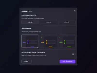 Appearance 💥 appearance clean color colors daily dailyui design figma gray minimal modal palette popup purple settings switch ui uiux ux white