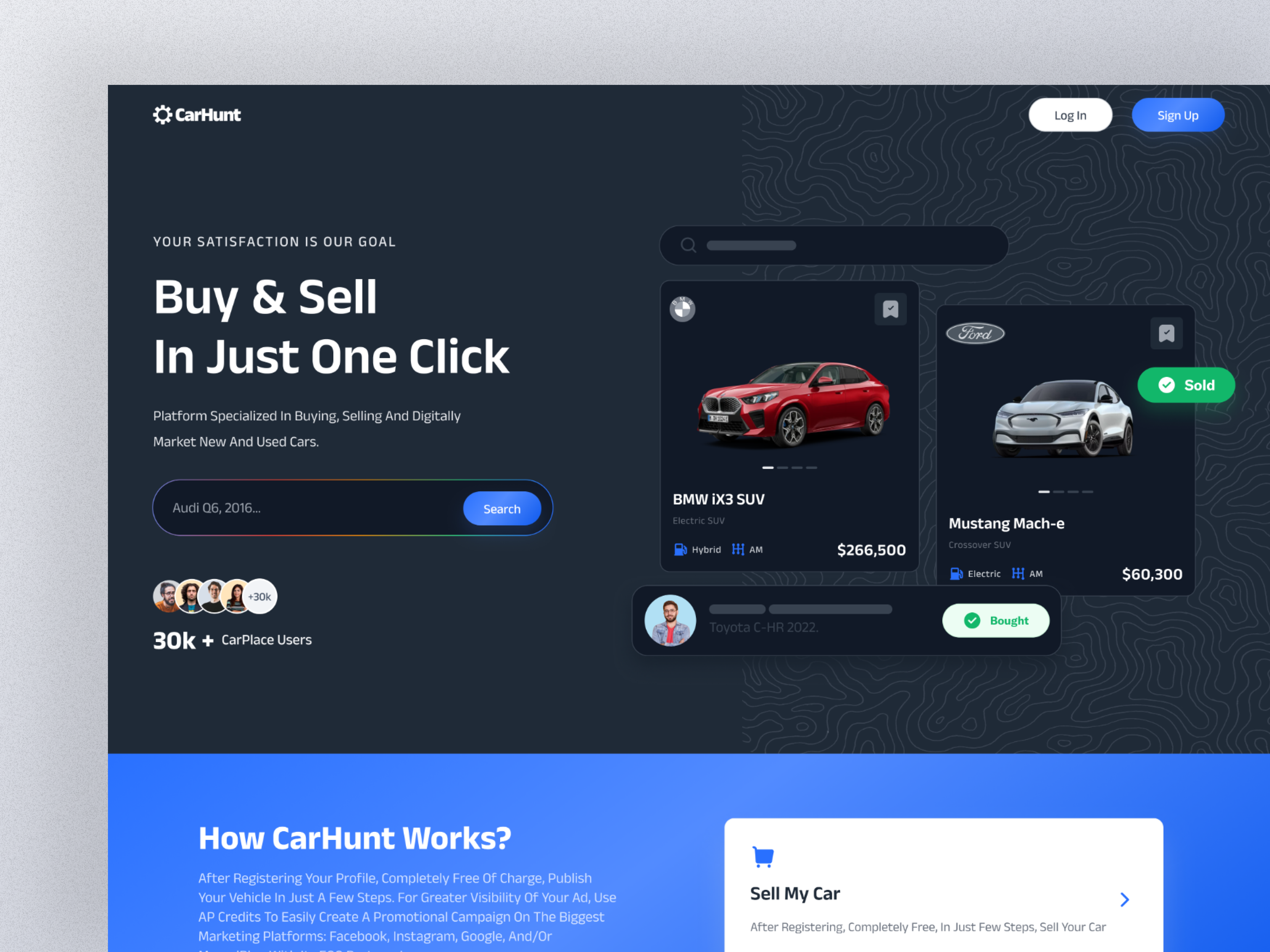 Car Marketplace Dark app automobile car clean homepage marketplace search ui ux web