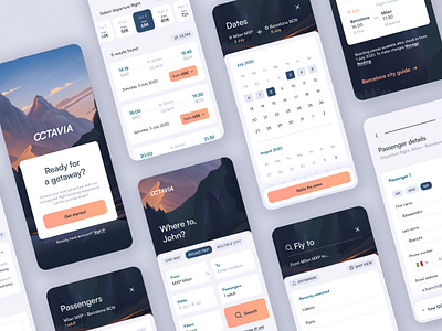 Flight booking app for Octavia Airlines airline app branding calendar color palette design system flight graphic design illustration mobile payment planning travel trip ui ui design user flow ux ux design uxui