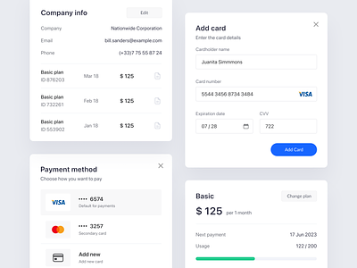 Billing settings add card add credit card billing billing settings component credit card dashboard finance fintech invoice mastercard payment payment method payments product design saas settings visa