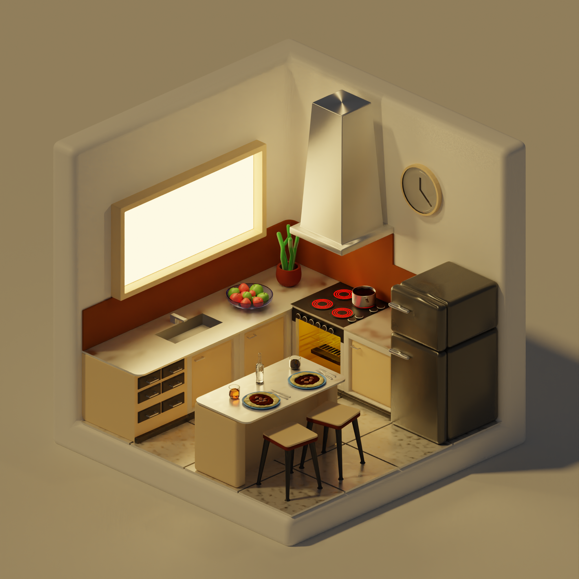 Isometric Scene | Cosy Kitchen 3d art artwork blender blenderart chair cosy cycles design digitalart drink food fruits home appliances indoor kitchen meat render sink water