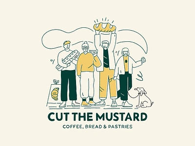 Cut The Mustard bakery brand bakery logo branding coffee shop custom typography design fun illustration graphic design illustration logo logo design london people enjoying food people illustration single line t shirt design typography typography logo young people