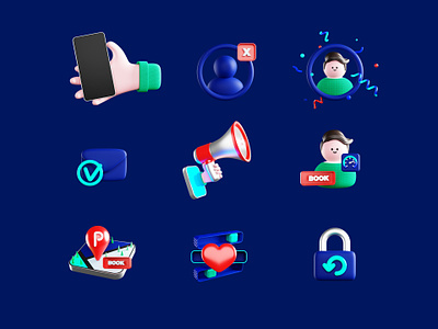 Intruck Selected Icons - Color 3d 3d motion animation app blender branding hand heart icon set icons mail map megaphone motion graphics padlock pin profile screen ui ux