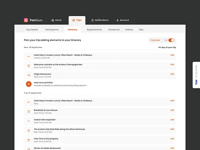 FamGuru - Itinerary - Supplier View app art brand branding clean creative dailyui design graphic design illustration logo minimal product design simple ui ux visual design web web design
