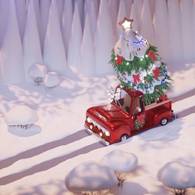 Christmas scene 3d 3dartist 3dblender 3dillustration animation blender car christmas christmas tree cozy cute illustration new year