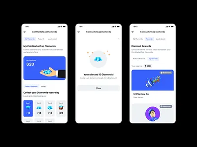 CoinMarketCap Diamonds app bitcoin coin coinmarketcap consumer crypto crypto ui design diamonds graphic design interface loyalty mobile product design ui vector