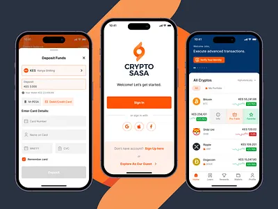 Crypto Sasa - Login, Deposit and Dashboard/Portfolio Screens account app bitcoin blockchain coin create crypto design designer login mobile onboarding orange product register screen social trading ui ux