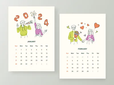 Couple 2024 Calendar Illustration 2024 2024 calendar calendar card cards celebration character couple desk calendar illustration lineart love new year vector wall calendar