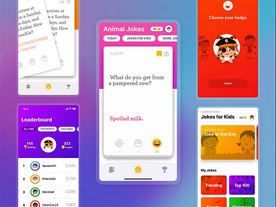 Laugh out Loud Jokes for Kids - the mobile app animation book cards coins design emoji in app purchases kids leaderboard mobile personalization points rating saas swipe ui ux