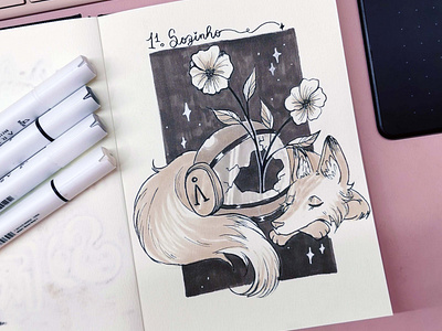 🌸KORALLETOBER day 11 - Alone🪐 cute fox illustration ink sketch sketchbook