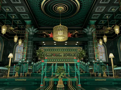 California Republic Multiverse- (Altar Alt. 1 - Library) 3d altar architecture bear branding c4d california chanderlier cinema4d design furniture lettering library mulitver native pattern plants republic typograpgy