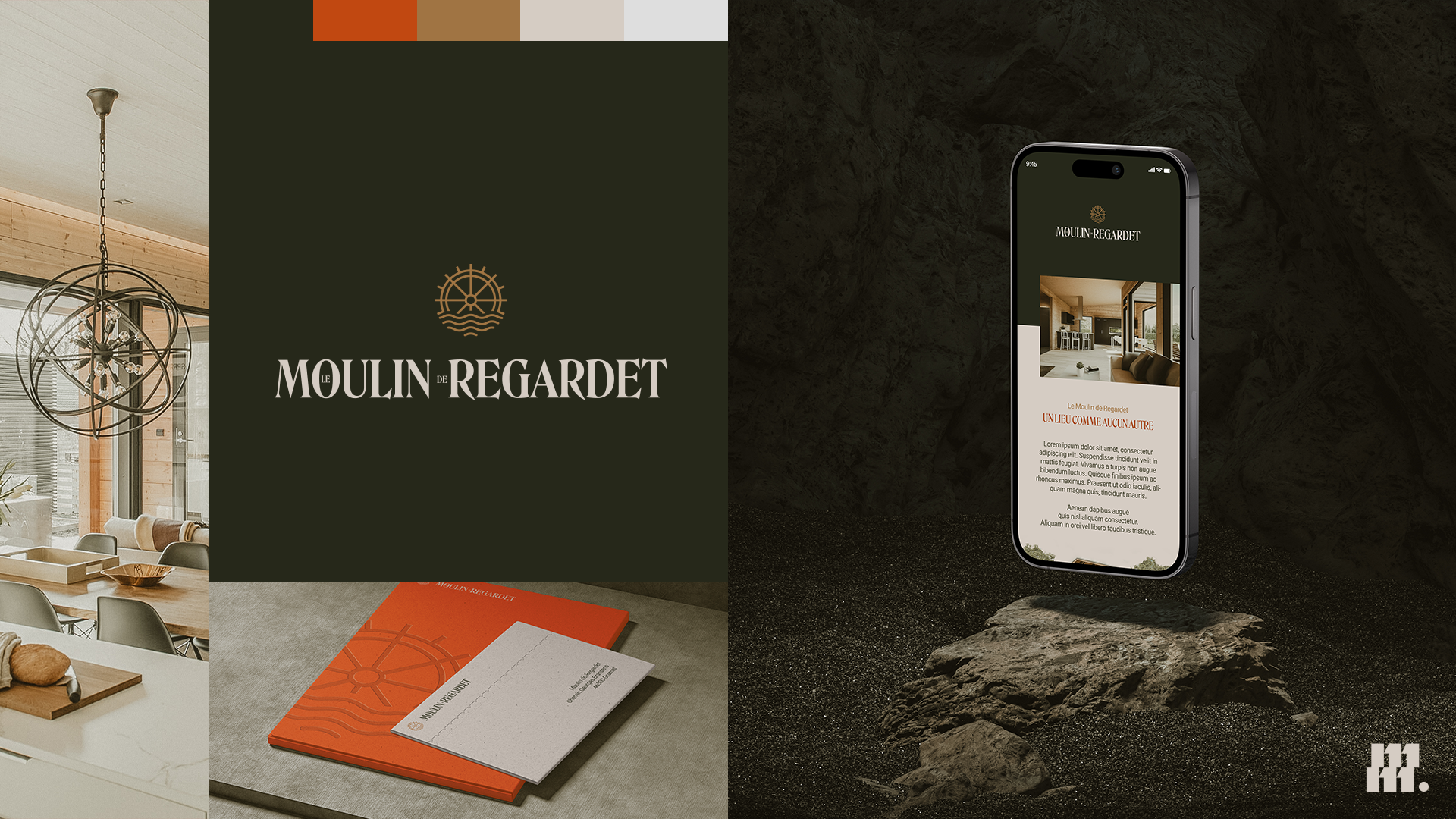 Le Moulin de Regardet Identity airbnb application design graphic design green guest guest house house identity illustrator logo mockup natural orange photoshop print vector water mill web wild