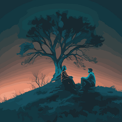 A-couple-sit-on-a-hill-with-a-tree-in-the-creative-artwork. illustration vector