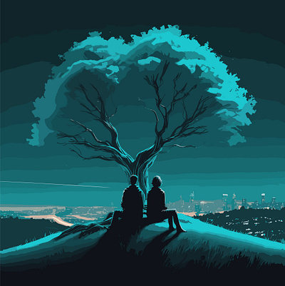 A-couple-sit-on-a-hill-with-a-tree-in-illustration. illustration vector