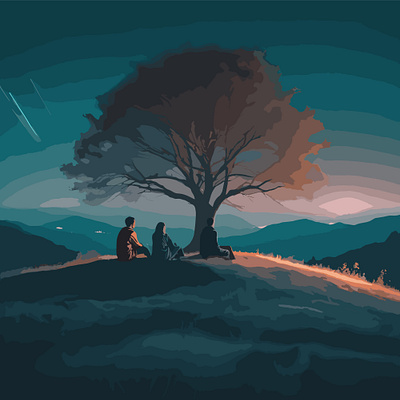 A-couple-sit-on-a-hill-with-a-tree-in-the-artwork. illustration vector