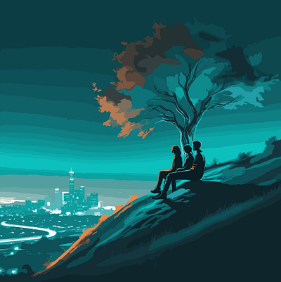 A-couple-sit-on-a-hill-with-a-tree-in-design. illustration vector