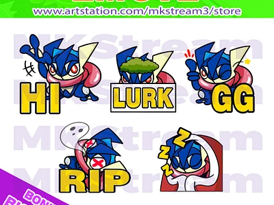 Twitch emotes pokemon greninja rip, gg, lurk, hi & comfy pack anime cartoon design discord emote emotes frog gg greninja illustration lurk pokemon rip sticker sub badge sub badges toad twitch twitch emotes