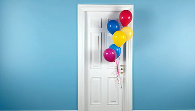 a-white-door-on-a-blue-wall-with-a-bunch-of-balloons-tied-on. illustration vector