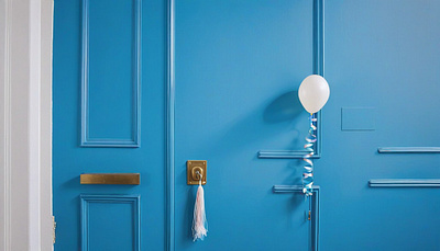 a-white-door-on-a-blue-wall-with-a-bunch-of-balloons-tied-on-the illustration vector