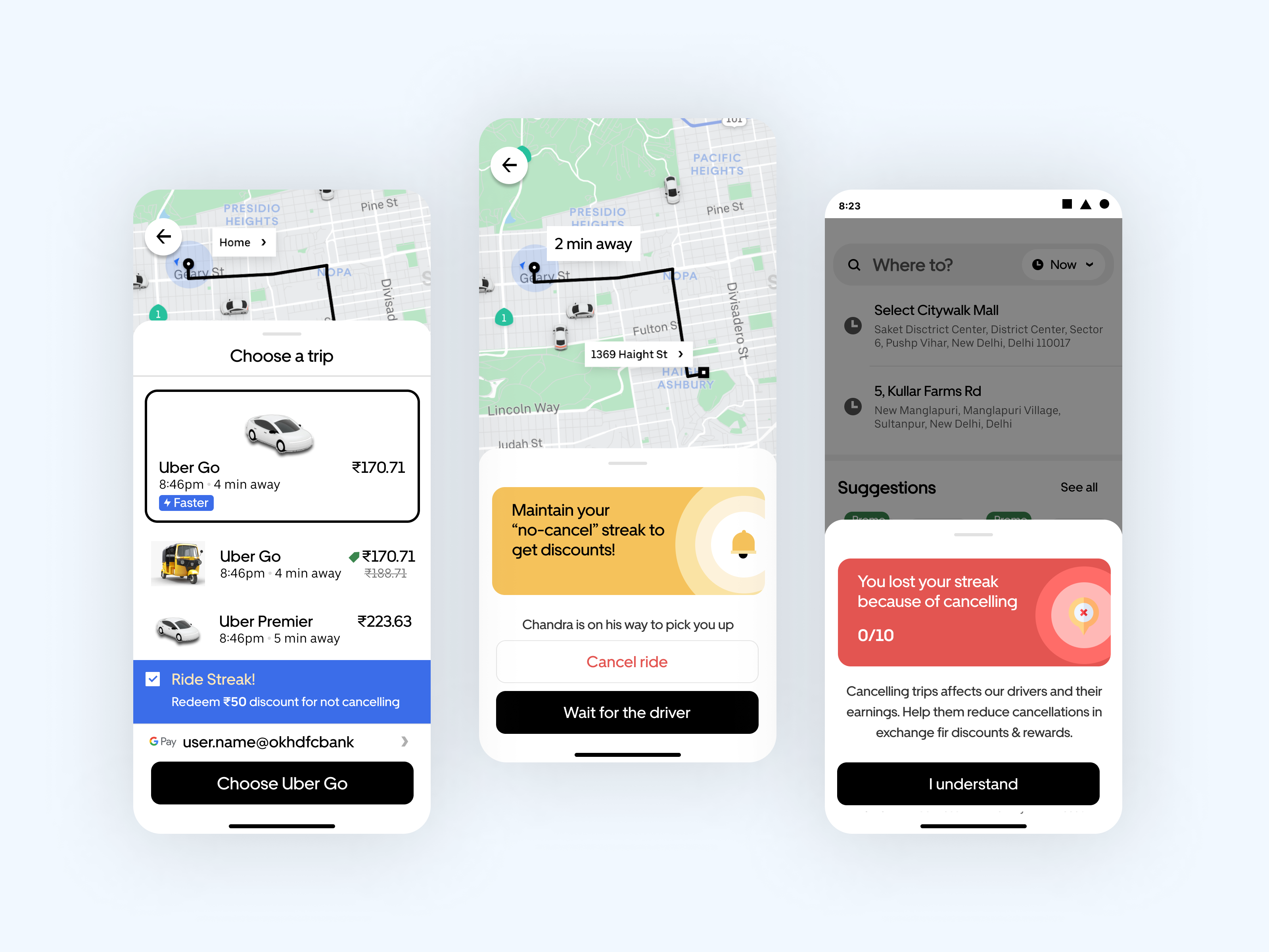 Uber - Decreasing Cancellations - Ride Streak aesthetic design components mobile app design ola product design product management uber ui ui design visual design