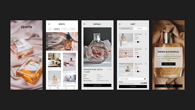 Perfume App Design app design card design cart home page navigation bar order success page perfume app design pricing page product detail splash screen ui user interface ux