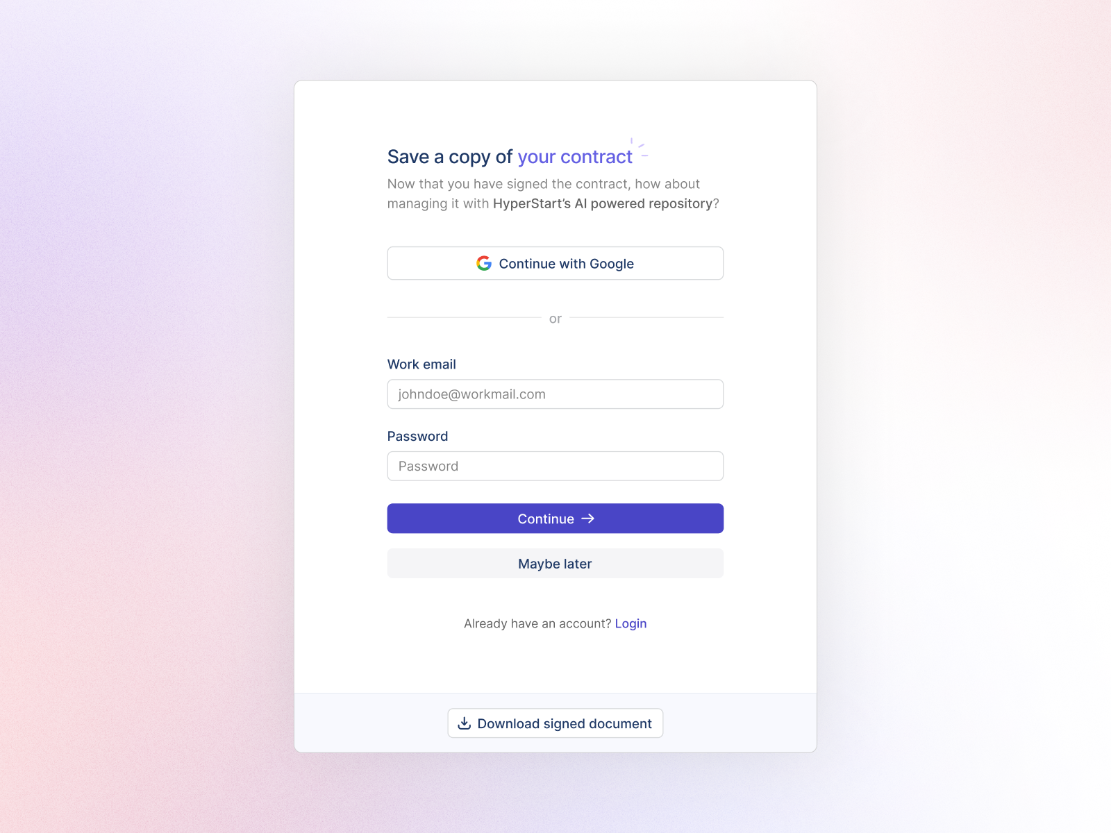 Signed Contract Modal aesthetic design branding clm contextual nudge contracts product design saas application ui design ux design visual design